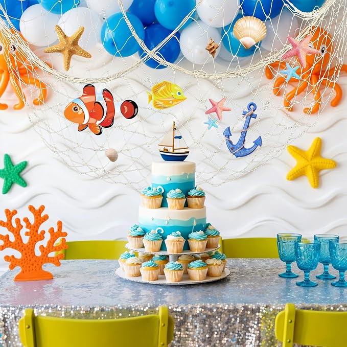6Pcs fish net decorations Natural fishing net decor scallop beach Party Decoration Luau Tropical Nautical Beach Table Cover ocean Theme Decor for Party Home Bedroom Wall Hanging Nets