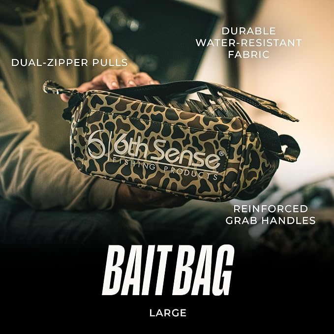6th Sense Fishing Large Bait Bag – Durable Soft-Sided Storage for Soft Plastics (Woodland Camo - Brown)