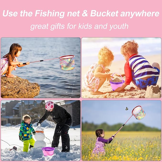 Kids Fishing Net, 2 Pack Telescopic Landing Nets with Aluminum Pole Handle, Collapsible Bucket Sand Pail, Butterfly Net, Fishing Net for Youth, Outdoor Playing