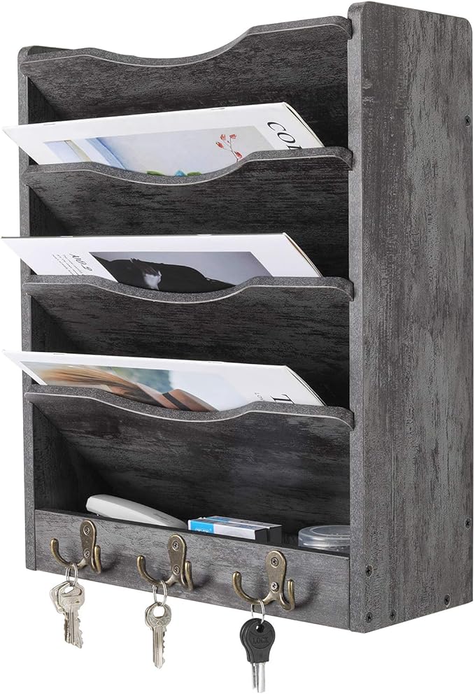 PAG 5-Tier Wall File Holder Hanging Mail Organizer Wood Magazine Literature Rack with 6 Hooks, Dark Gray