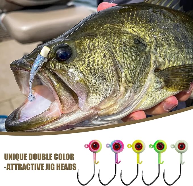 Painted Crappie Jig Heads 3D Eyes Fishing Hooks with Wire Keeper Lures for Crappie Panfish Bass Fishing Jig Hooks Assortment 1/16 oz 1/8 oz 3/16oz 3/8 oz 1/4 oz