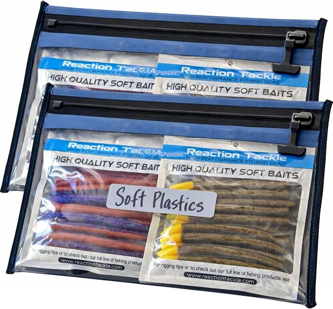 Reaction Tackle Waterproof Clear Tackle Bags, Dive Rated Zipper Submersion Proof Storage for Soft Plastics and Lures, Gusseted and Flat for Boats and Kayaks (2-Pack)