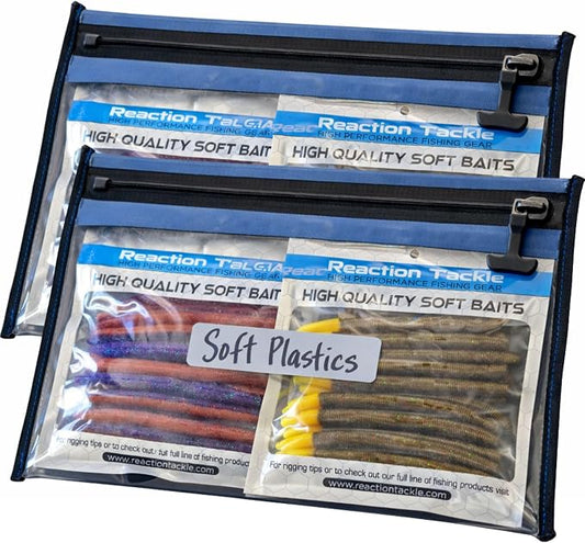 Reaction Tackle Waterproof Clear Tackle Bags, Dive Rated Zipper Submersion Proof Storage for Soft Plastics and Lures, Gusseted and Flat for Boats and Kayaks (2-Pack)