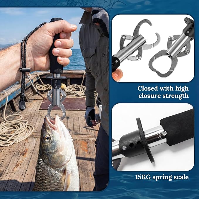 Konohan 3 Pack Fish Lip Gripper with Scale 33lb Stainless Steel Fish Landing Tool with Non-Slip EVA Handle & Wrist Strap for Anglers Fishermen Fishing Bass Trout Pike Catch and Release