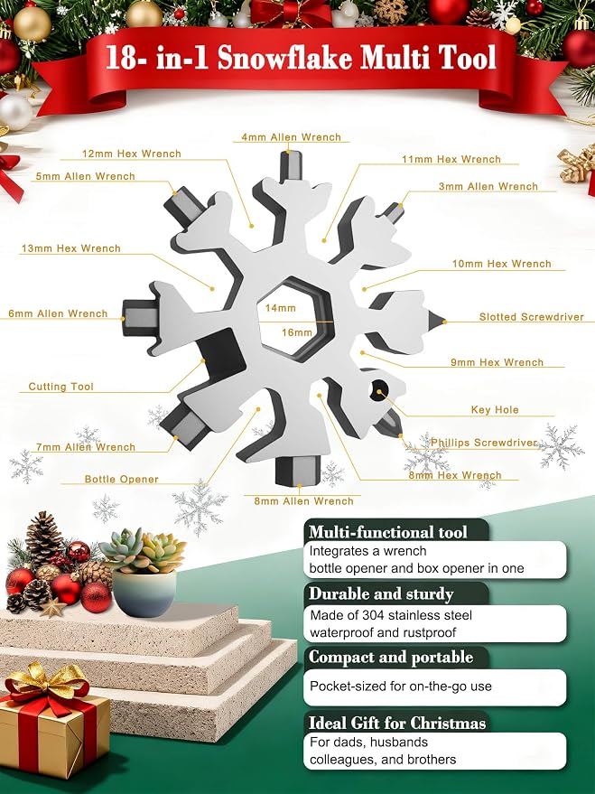 ZONICE 18-in-1 Snowflake Multi Tool – Stainless Steel with Bottle Opener & Wrench,Compact EDC Tool for Camping,Fishing,Hiking, Stocking Stuffers,Gifts for Men,Dad,Husband (Silver)