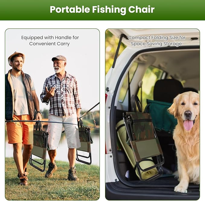TeqHome Portable Foldable Fishing Chair with Cooler Bag, Lightweight Folding Camping Chair, Outdoor Backrest Stool for Camping Hunting Fishing Hiking（Camouflage）
