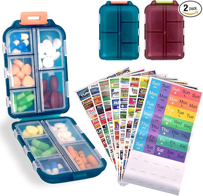2 Pcs Travel Pill Organizer with Labels, Portable Travel Medicine Daily Pill Container Organizer 7 Day Pill Case Storage Vitamin Fish Oil (Blue & Red, 320 Medicine Lables)