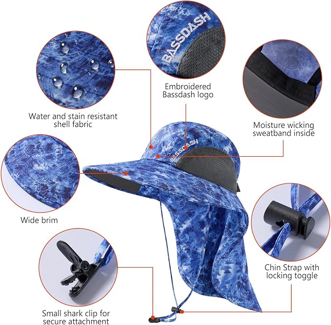 BASSDASH UPF 50+ Unisex Water Resistant Wide Brim Sun Hat with Large Neck Flap Ponytail Fishing Hat for Men Women