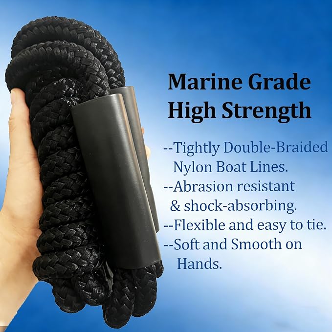 Boat Dock Lines, 3/8" x 10ft Double Braided Nylon Docking Line with Loop, Marine Grade Boats Mooring Rope, Boating Accessories