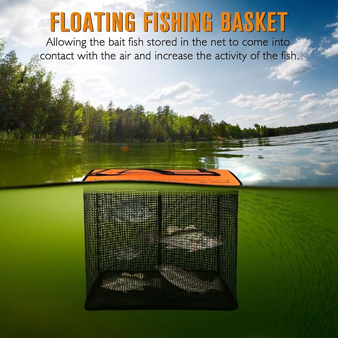 Dovesun Floating Fishing Basket, Collapsible Fish Basket Portable Fishing Net Quick-Drying Rubber Coated Fishing Bait Storage Cage 3.5-10 Gallons