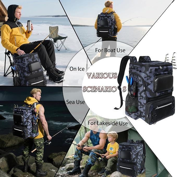 Fishing Backpack with Rod Holder X-Large 60L Tackle Gears Bag with Cooler for Storage Tackle Box and Fishing Accessories Stuff, Fish Gifts for Men Woman-Black Camo