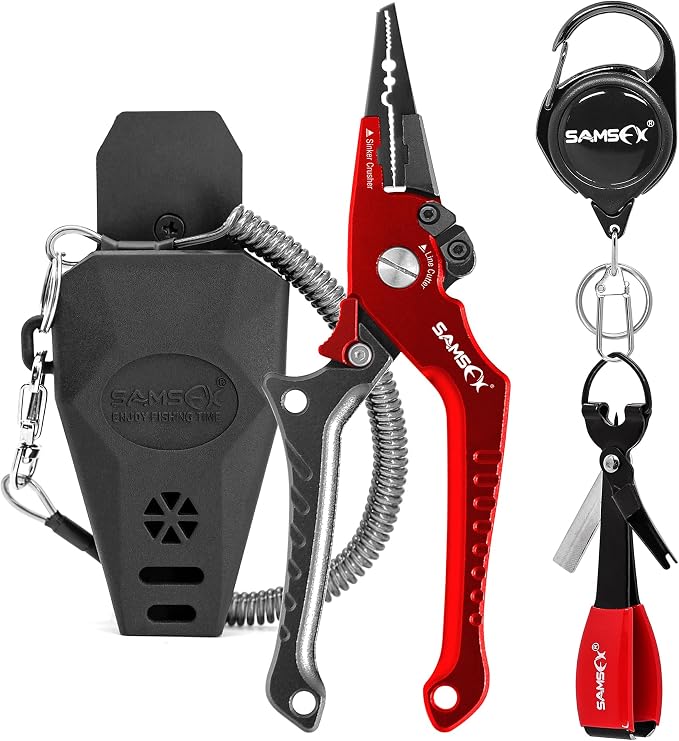 SAMSFX Aluminum Fishing Pliers Hook Remover Braid Line Cutter with Coiled Lanyard, Fly Fishing Knot Tying Tool & Retractors