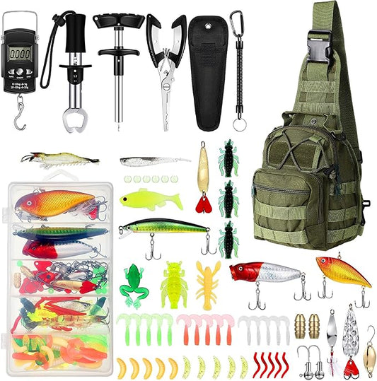 Sosation 134 Pcs Fishing Tool Fishing Tackle Box Kit and Equipment for Adults Beginner Gift, Hook Remover, Pliers Kit, Backpack Tackle Container Lures, Lip Gripper, Weigh Scale