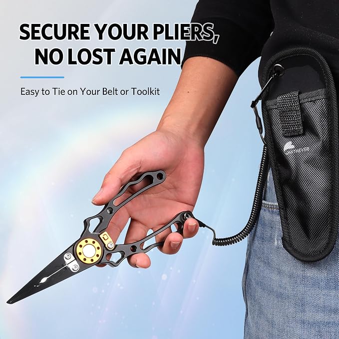 Fishing Pliers Saltwater, Split Ring Pliers Hook Remover with Safety Lock, Fishing Tools with Sheath and Lanyard, Fishing Gifts for Men