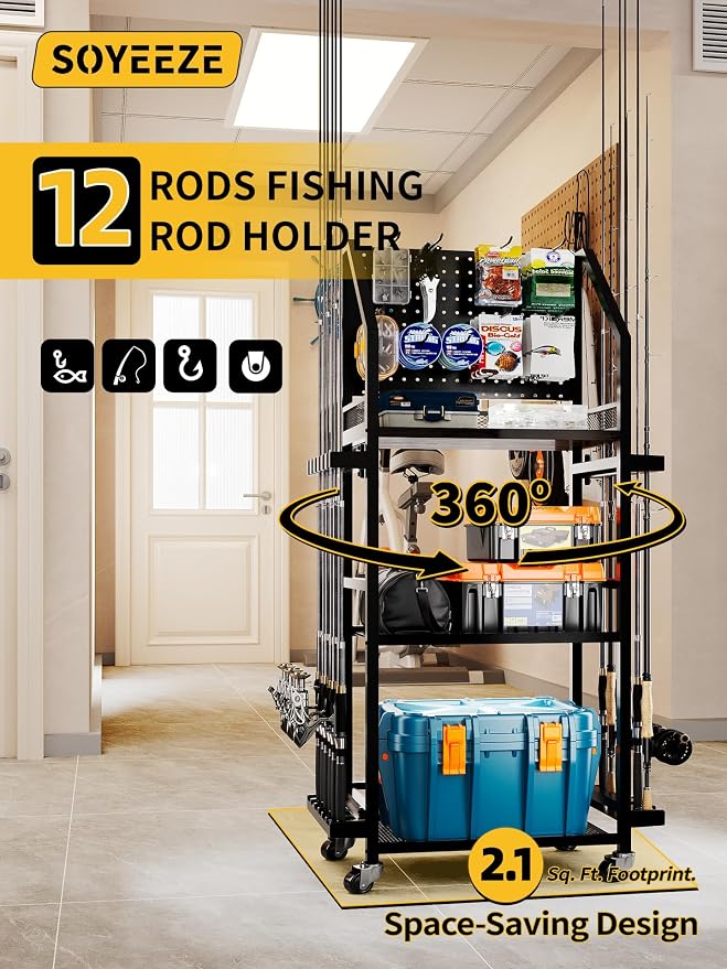 SOYEEZE Fishing Rod Holders for Garage with Pegboard and Lockable Wheels, 3-Tier Fishing Pole Rack with 10 Hooks, Fishing Gear Tackle Box Organizer Up to 12 Rods, Rolling Fishing Storage Cart
