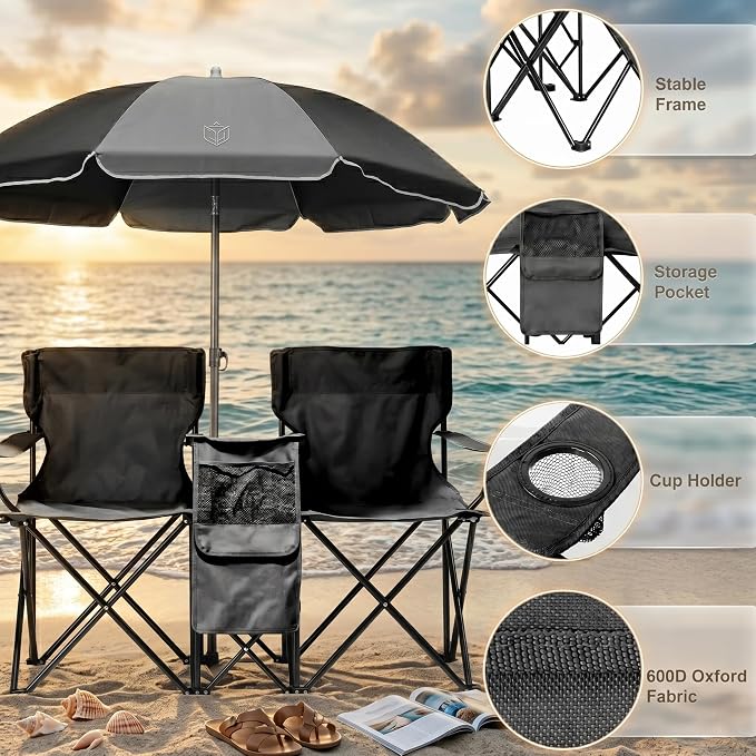 Double Folding Camping Chair with Removable Sun Umbrella and Cooler Bag, 2 Person Portable Picnic Chair for Beach, Patio, Fishing and Tailgating, 600D Oxford Fabric, Black (Black)