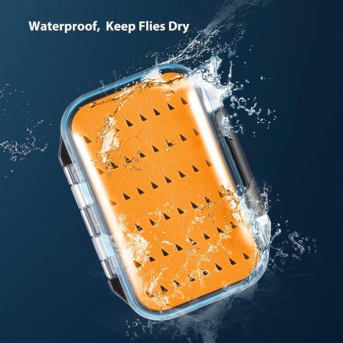 Gonex Fly Boxes for Fly Fishing Jig Boxes Two-Sided Waterproof Lightweight Fly Fishing Box Easy Grip Transparent Lid Fly Fishing Lures Box, 4.1"x 3.0"x 1.2", Orange