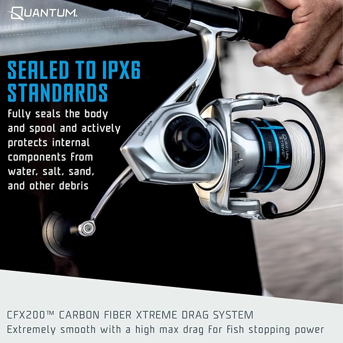 Quantum Strive Spinning Reel and Fishing Rod Combo, Graphite Composite Blank, 4+1 Bearings, Silver/Blue