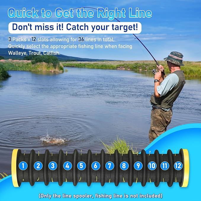 Dreyoo 3 Pcs Fishing Line Storage Organizer, Leader Holder with 12 Slots to Keep Your Lines Tangle Free, Spooler Winder, and Hook Keeper with Rigging Spools