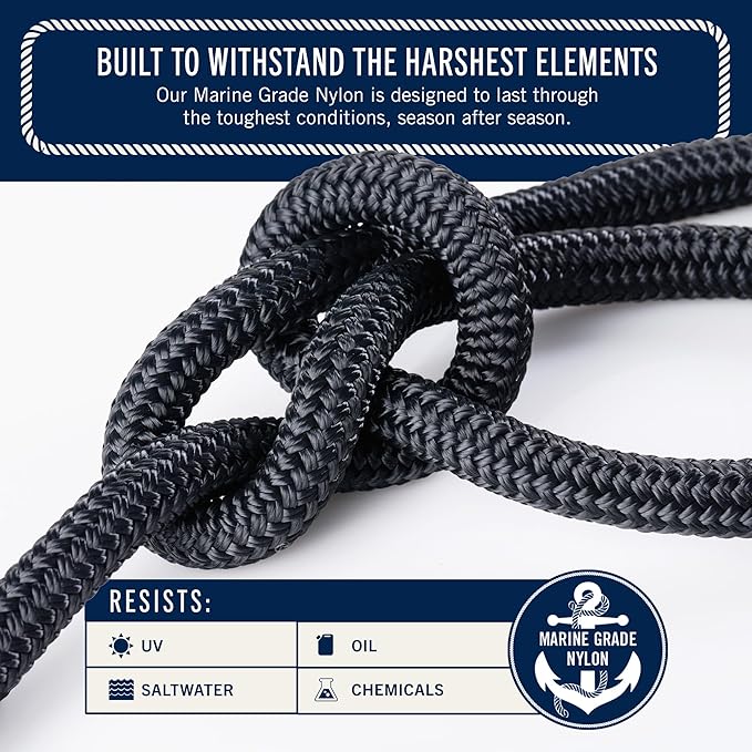 RainierSupplyCo 2 Pack Boat Anchor Rope - Double Braided Marine Rope Anchor Line - 50 ft x 1/4 Inch Nylon Boating Line with 316 Stainless Steel Thimble and Heavy Duty Marine Grade Bow Shackle - Black