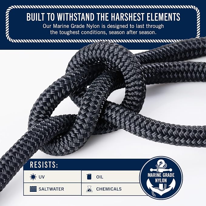 RainierSupplyCo 2 Pack Boat Anchor Rope - Double Braided Marine Rope Anchor Line - 50ft Nylon Boating Line with 316 Stainless Steel Thimble and Heavy Duty Marine Grade Bow Shackle