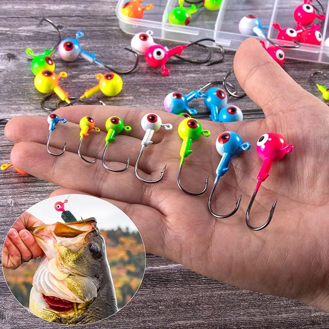 Alwonder 30-Pack Fishing Jig Heads, Round Ball Crappie Jig Head with 3D Eyes, Jigs Heads for Bass Fishing Trout Crappie Panfish Walleye, 1/32-1/2oz Live Soft Bait Ice Fishing Hook Freshwater Saltwater