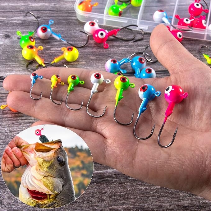 Alwonder 30-Pack Fishing Jig Heads, Round Ball Crappie Jig Head with 3D Eyes, Jigs Heads for Bass Fishing Trout Crappie Panfish Walleye, 1/32-1/2oz Live Soft Bait Ice Fishing Hook Freshwater Saltwater