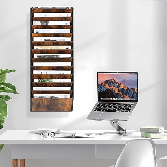 TQVAI 12-Pocket Hanging Wall File Organizer - Metal Folding Wall Mounted Mail Document Holder, Multi-Purpose Clipboard Storage Rack for Office, Homeschool, Classroom Organization, Black/Vintage