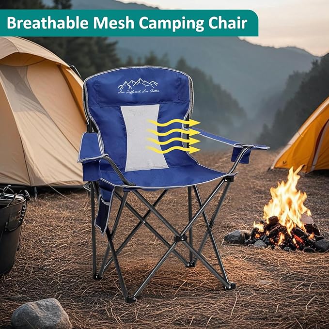 Outdoor Folding Camping Chair with Cup Holder, Storage Bag, Large Anti-Sink Feet, 400lbs Capacity, 2 Pack Breathable Mesh Portable Chair for Camping, Beach, Fishing, Sports, Blue