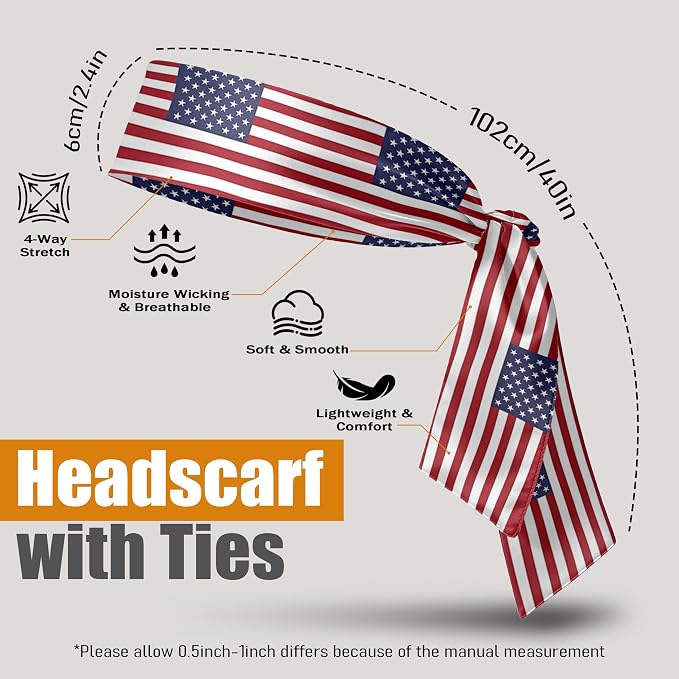 Flag Tie Headbands for Men Women, Moisture Wicking Sweatband Breathable Sports Headwrap, Non-Slip Stretchy Adjustable Fitness Hair Band
