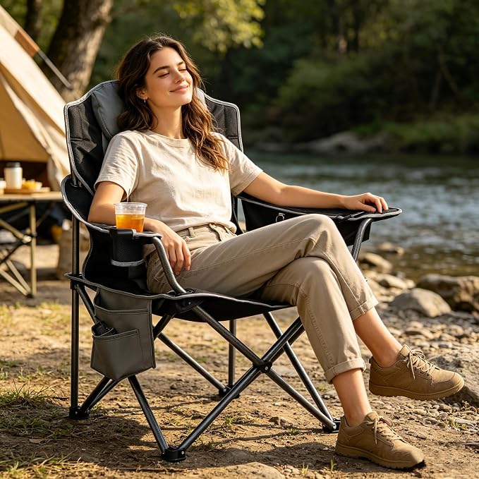 Colorsoul Oversized Camping Chair, Padded Portable Camping Chairs with Cup Holder, Cooler Bag and Shoulder Straps, Heavy Duty Outdoor Folding Chair for Camping, Beach, Fishing, Support 350 LBS, Black