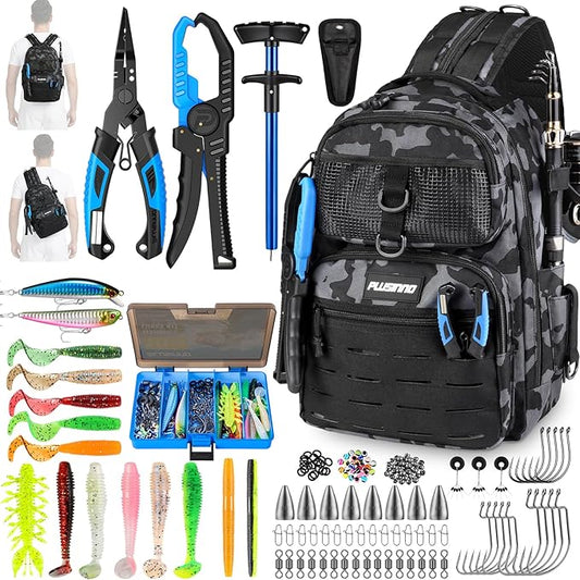 PLUSINNO Fishing Gear, Fishing Backpack with Tackle Box, Waterproof tackle Backpack with Rod Holders, Lures, Tools, Pliers & Accessories, Fish Gifts for Men