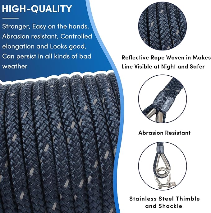 Anchor Rope 100 ft x 3/8 inch Navy Blue, Double Braided Anchor Line with Stainless Steel Thimble & Shackle, Boat Rope with Reflective Strip Ideal for Mooring,Anchoring,for Boats Up to 27'
