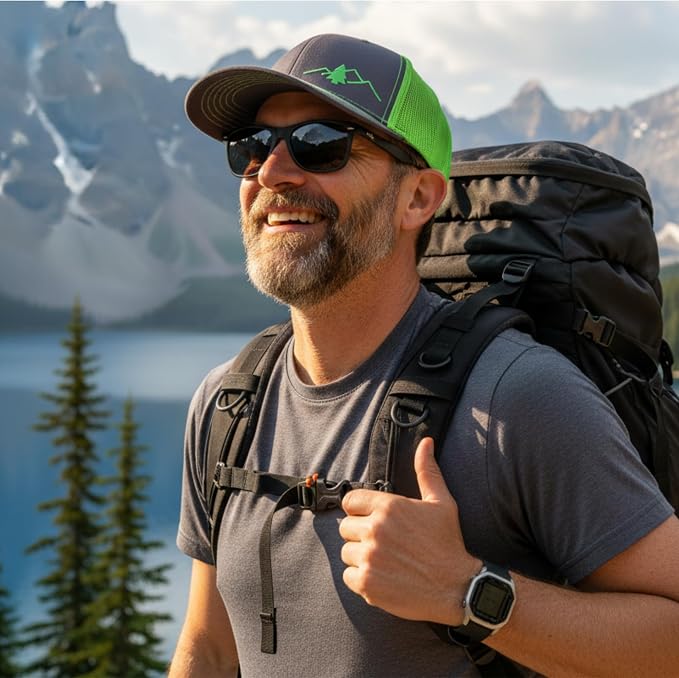 LINDO Trucker Hat [ Great Outdoors Design ] for Men and Women: Mid Profile Cap with Breathable Mesh Back and Adjustable Snap