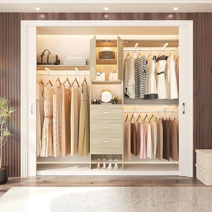 Armocity 96 Inches Closet System with Doors, 8FT Walk In Closet Organizer with 3 Shelving Towers, Heavy Duty Clothes Garment Rack with 3 Wood Drawers, 96"L x 16"W x 80"H, Max Load 1000 LBS, White Oak