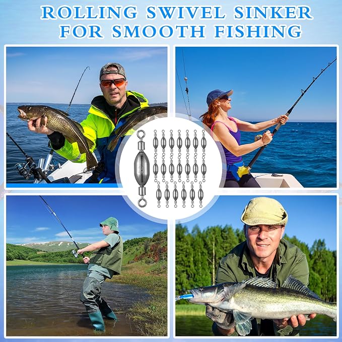 Seenelling 20 Pcs Brass Fishing Sinker Swivel Fishing Weights Saltwater Bullet Sinkers Drop Shot Weight Egg Sinkers with Swivel Rolling Removable Freshwater