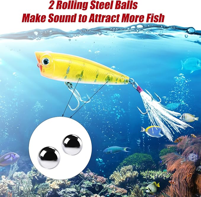 Alwonder 5-Pack Fishing Popper Lure, Fishing Top Water Lures Bass Lures Feathered Treble Hooks Rooster Tail Lure Plugs Hard Baits