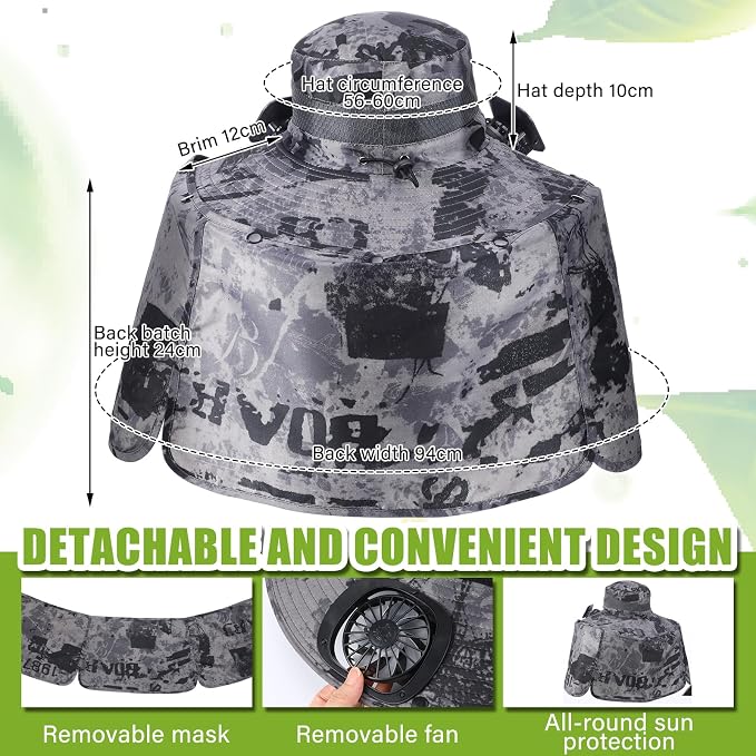 Chuarry Wide Brim Sun Hat with 2 Solar Fans and Neck Flap Outdoor Solar Powered USB Charging Bucket Fishing Hat for Men Women