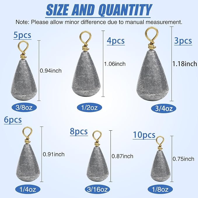 30 Pack Fishing Weight Sinkers,Bass Casting Sinker Weights Lead Bell Drop Shot Sinker with Brass Swivel Catfish Weight Sinkers Streamline Saltwater Freshwater Fishing