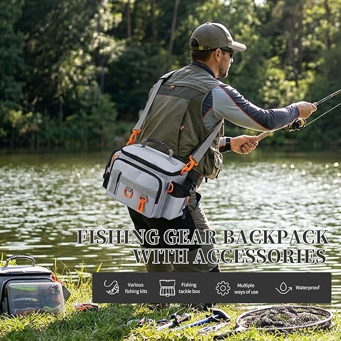 Fishing Tackle Bags with Tackle Box,Waterproof,Padded Shoulder Strap,Gear Storage,Fish Bag with 136 Pcs Fishing Lures Kit,Fish Hook Remover Tool,Fish Lip Gripper,Fishing Plier,Gifts for Men (Gray)