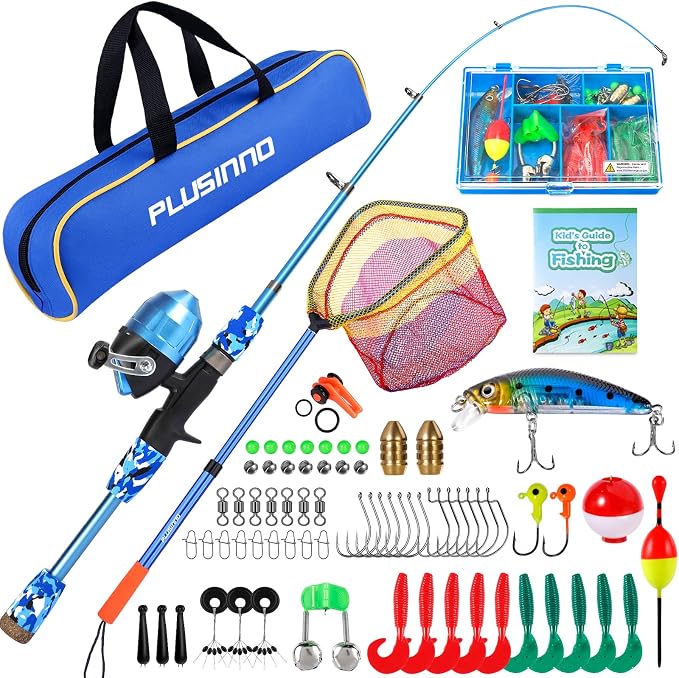 PLUSINNO Kids Fishing Pole with Spincast Reel Telescopic Fishing Rod Combo Full Kits for Boys, Girls, and Adults
