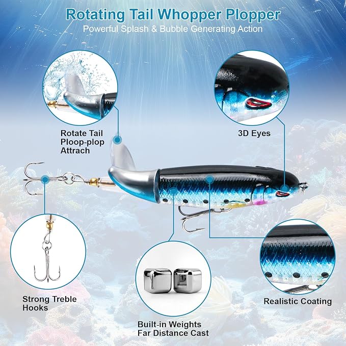15PCS Fishing Topwater Lures Kit Mixed Whopper Popper 4inch, Minnow Diving Crankbait, Pre-Rigged Soft Swimbaits Bass Trout Freshwater Saltwater,Fishing Tackles Gear Gift Men