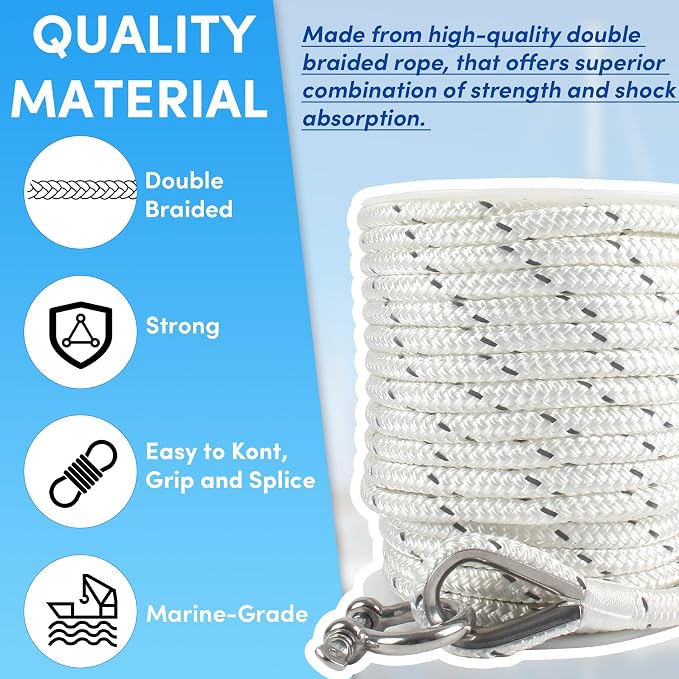 Anchor Rope 100 ft x 3/8 inch White, Double Braided Anchor Line with Stainless Steel Thimble & Shackle, Boat Rope with Reflective Strip Ideal for Towing,Mooring,Anchoring,for Boats Up to 27'