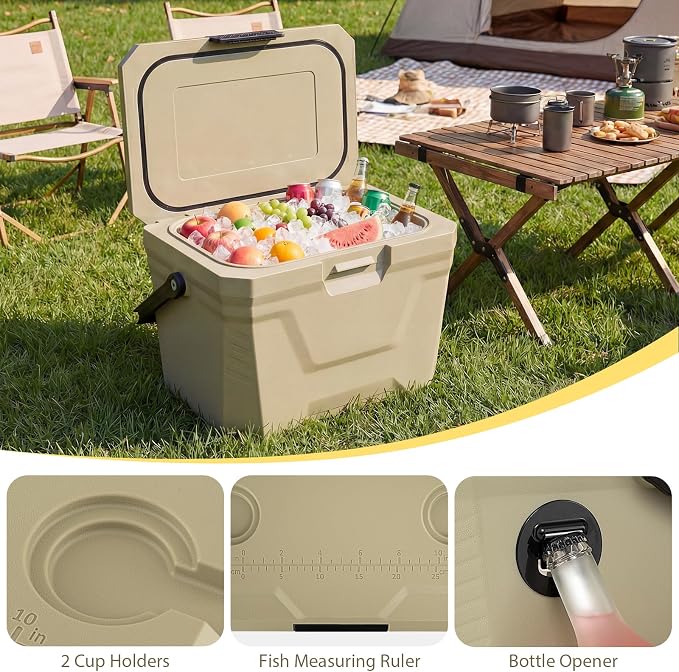 COSTWAY Insulated Portable Cooler, Hard Shell Ice Chest w/ 2 Cup Holders, Bottle Opener, Drain Plug, 3-Day Ice Retention, Outdoor Leak-Proof Dry Box for Beach, Camping, Fishing, Picnic