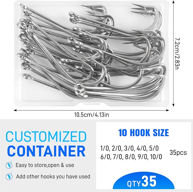 Saltwater Fishing J Hooks,35pcs O'Shaughnessy Forged Extra Strong Stainless Steel 34007 Trolling Long Shank Fishing Hooks for Sea Bass Striper Bluefish Catfish Snapper Saltwater Freshwater Fishing