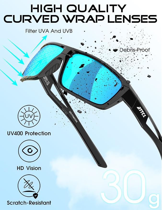 ATTCL Polarized Sunglasses Men Sports: UV Protection Lightweight TR90 Frame Anti-Slip Wrap-Around for Driving Fishing Golf