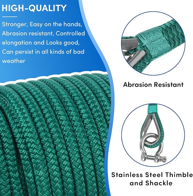 Boat Anchor Rope 100 ft x 1/2 inch Forest Green, Double Braided Anchor Line with Stainless Steel Thimble & Shackle, Marine Rope Ideal for Towing,Mooring,Decks,Anchoring,for Boats Up to 35'