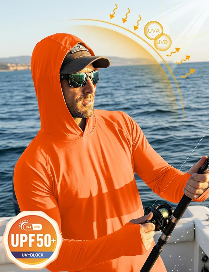 MAGCOMSEN Men's Hooded UPF 50+ Sun Protection T Shirts Long Sleeve Athletic Fishing Shirts Rash Guards