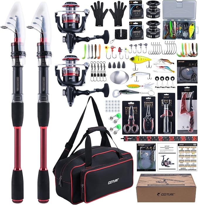 Goture Fishing Rod and Reel Combo, Red Telescopic Fishing Pole with Full Starter Kit & Carrier Bag, Portable 24T Travel Spinning Rod for Bass Trout, Freshwater Beginners Gift