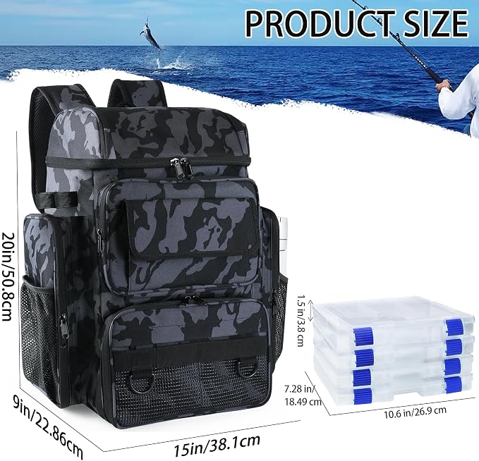 Fishing Backpack with 4 Tackle Boxes, 45L Large Tackle Bag & Fishing Tackle Backpack for Fishing, Camping, Hiking,Camouflage